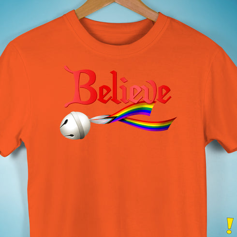 Believe Progress Pride LGBTQ Jingle Bell Premium Unisex T-Shirt - Orange